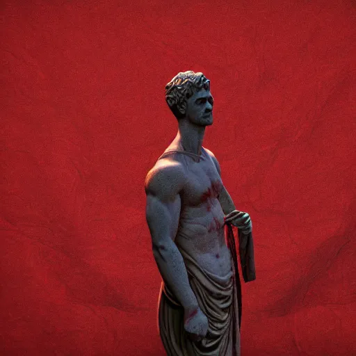 Image similar to a roman statue covered by red cloth that's blowing in the wind, digital art, concept art, cloth simulation with houdini, octane, redshift, 8 k