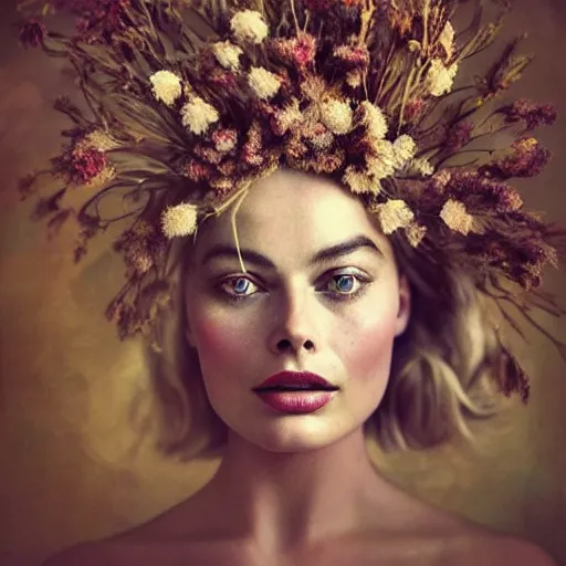 Image similar to fine art photo of the beauty goddess margot robbie, she has a crown of dried flowers, by oleg oprisco