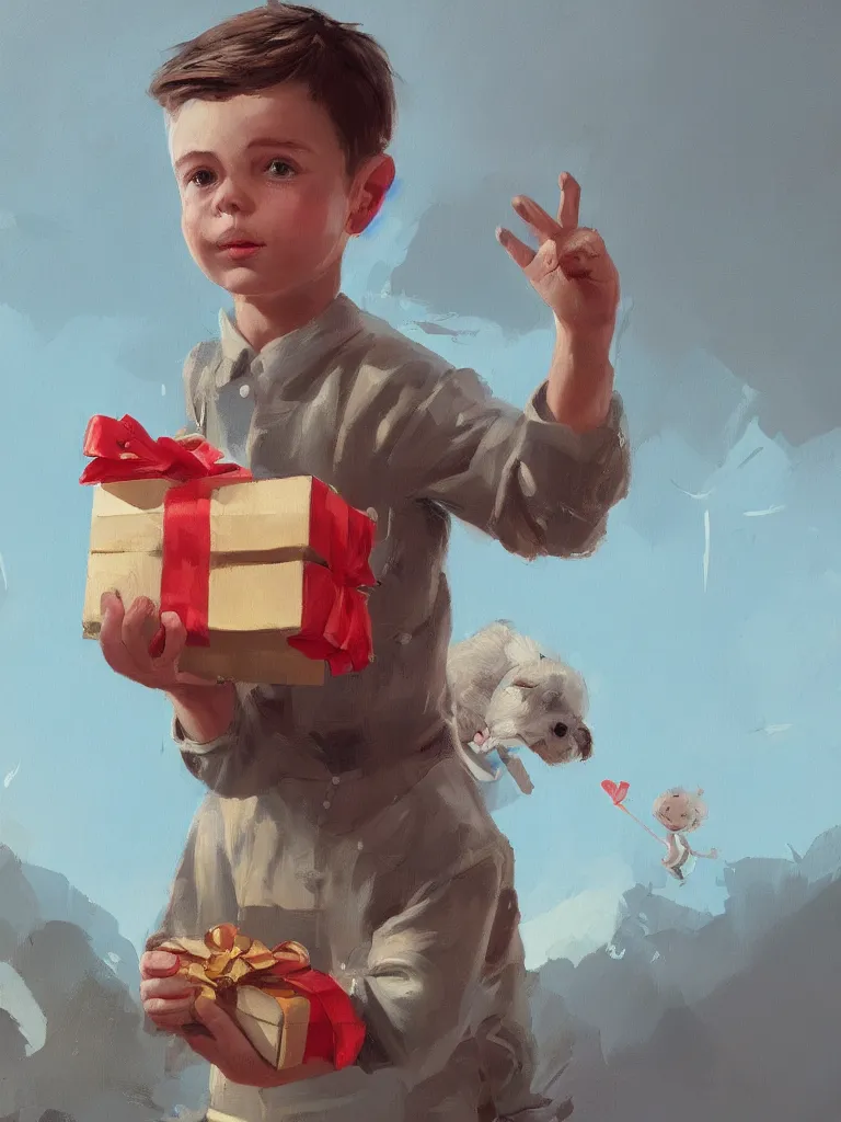 Image similar to a cute boy with a giftbox with bow and ribbon in a painting from stalenhag, 4 k, 8 k, hdr, artstation, concept art