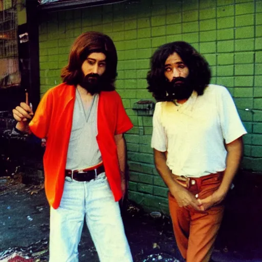 Image similar to photo of jesus and moses smoking weed in the bronx circa 1 9 7 8