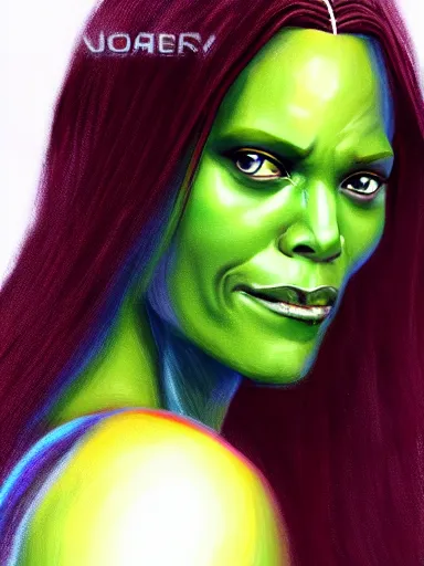 Prompt: gamora from guardians of the galaxy played by zoe saldana, portrait, digital painting, elegant, beautiful, highly detailed, artstation, concept art