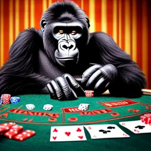 Image similar to a gorilla mobster playing poker at a casino table with other gorilla mobsters