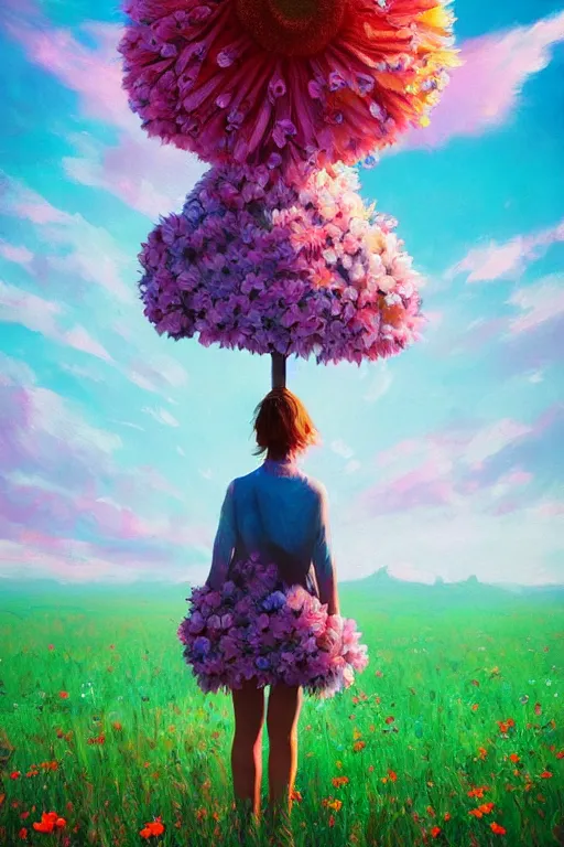 Image similar to closeup, giant flower head, girl standing in a field of flowers, surreal photography, sunrise, blue sky, dramatic light, impressionist painting, digital painting, artstation, simon stalenhag