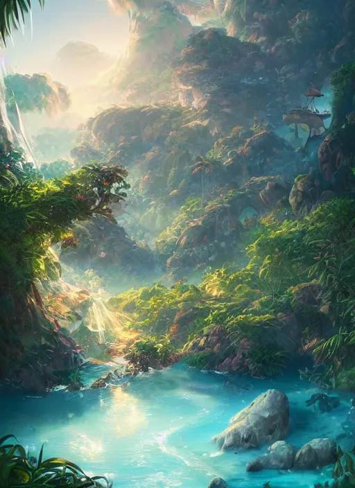 Prompt: Detailed exterior of sunny island, glistening sparkling cove, epic light, sparkling cove, tropical landscape, lush vegetation, bamboo huts, In style of Peter Mohrbacher, artstation