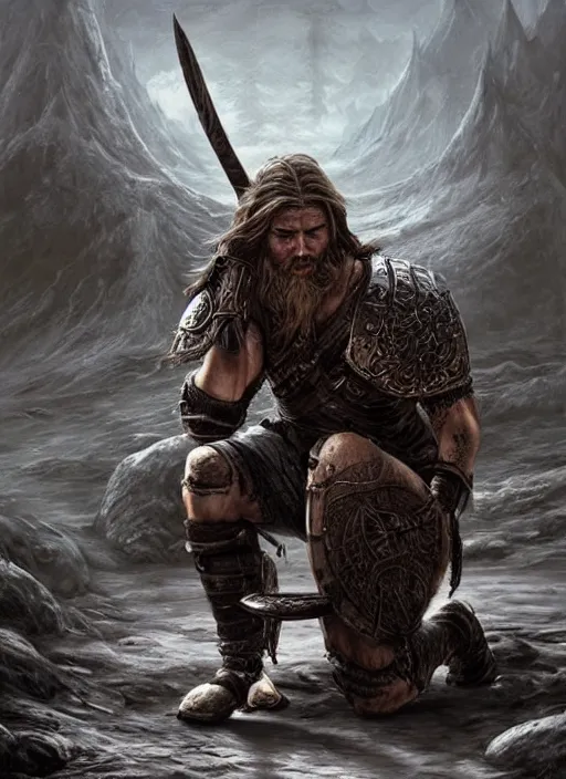 Image similar to aesthetic digital illustration of a defeated viking warrior on his knees by anne stokes, greg rutkowski, and brian belle din | dirty and bloody, concept art, character concept, matte background. unreal engine, finalrender, centered, deviantart, artgerm