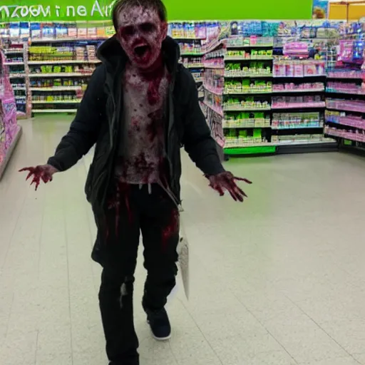 Prompt: a zombie going shopping in asda