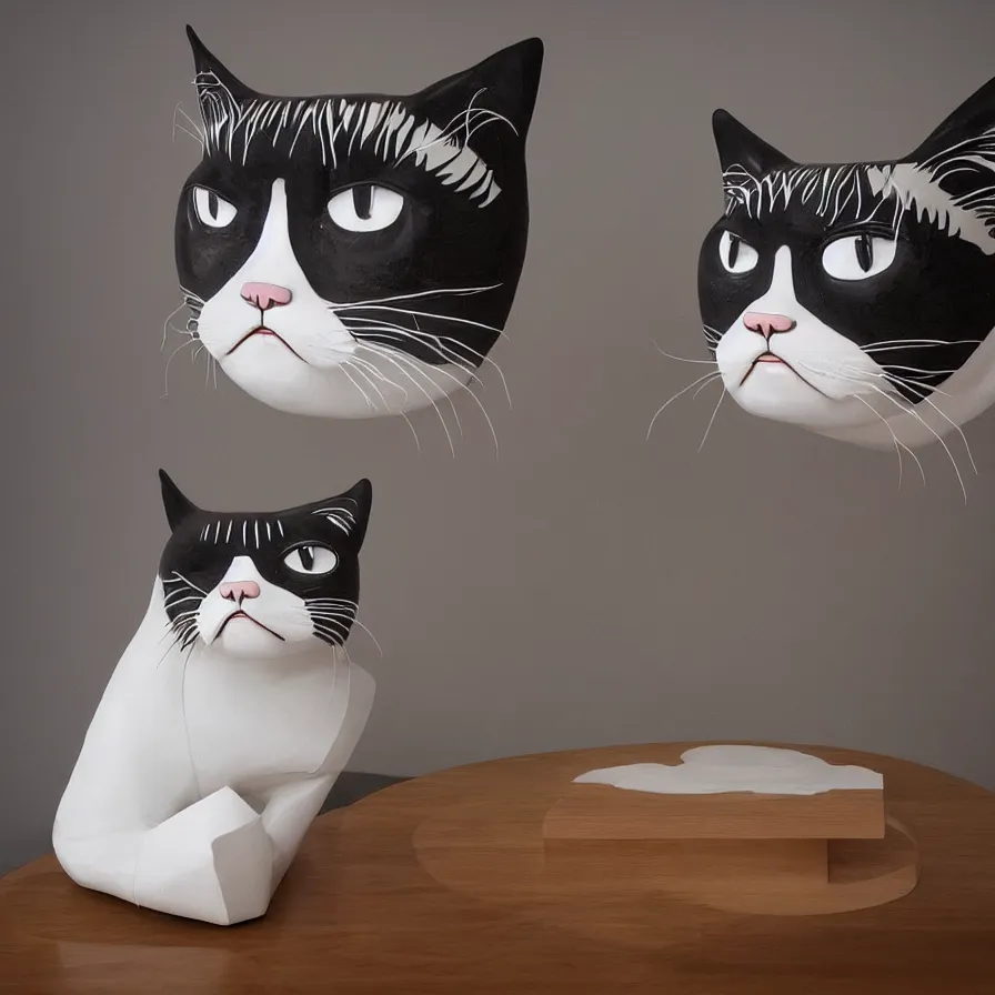 Prompt: beautiful gallery show studio photograph of a giant realistic curvy ceramic sculpture of grumpy cat!!!!!, heavily glazed by bridget riley and victor vasarely, placed on a polished wooden table, colorful hyperrealism 8 k trending on artstation