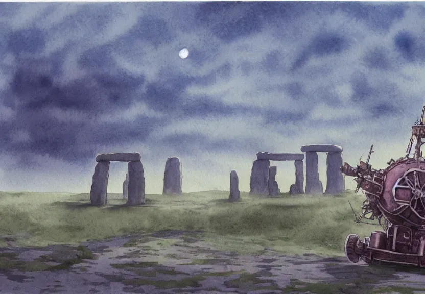 Prompt: a hyperrealist watercolor concept art from a studio ghibli film showing a giant grey mechanized crocodile from howl's moving castle ( 2 0 0 4 ). stonehenge is under construction in the background, in the rainforest on a misty and starry night. by studio ghibli. very dull muted colors