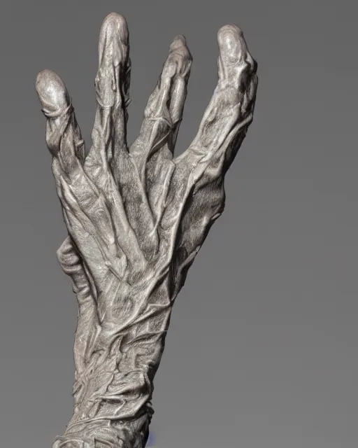 Prompt: photo of maquette sculpture of a creepy hand with a face creature, designed by jordu schell