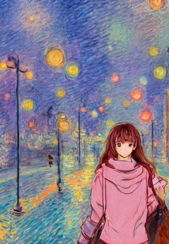 Image similar to wide angle portrait of a teenage girl, a thrifty outfit, very anime in impressionist style, city street view background, starlit night sky, trending artwork, anime painter studio, by claude monet