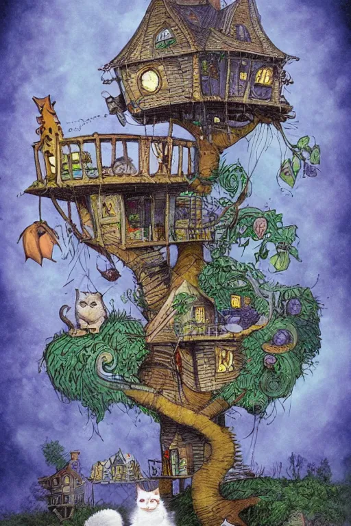 Image similar to The cat in the tree house illustrated by Tim Burton, Trending on artstation, artstationHD, artstationHQ, 4k, 8k