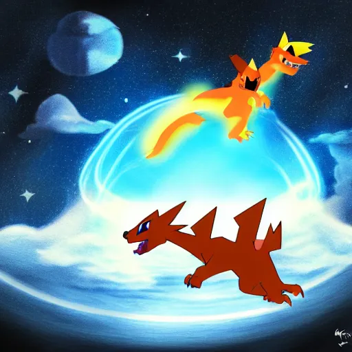 Image similar to charizard from pokemon flying into space and time above the clouds, the stars and galaxies are shining bright, ue 5, award winning, sharp focus, illustration