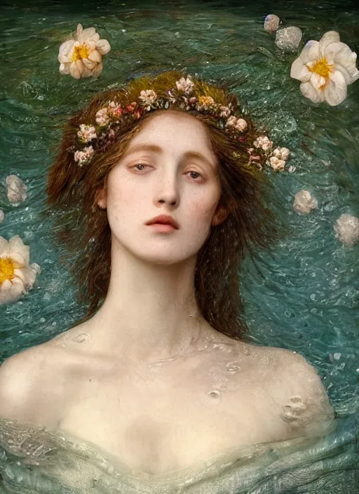 Image similar to portrait photography of a beautiful woman how pre-Raphaelites by Giovanni Gastel britt marling style 3/4with her eyes closed,inspired by Ophelia Millais Paint , the face emerges from water of Pamukkale, underwater face, the hair are intricate with highly detailed realistic beautiful brunches and flowers like crown, anatomical real full body dressed ethereal lace dress floating in water surface , Kodak Portra 400, 8K, soft light, volumetric lighting, highly detailed, britt marling style 3/4 ,, Refined, Highly Detailed, outdoor soft pastel lighting colors scheme, outdoor fine art photography, Hyper realistic, photo realistic