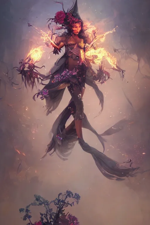 Image similar to extremely beautiful girl necromancer, witch - doctor exploding into flowers, demons, 3 d render, hyper - realistic detailed portrait, holding fire and electricity, ruan jia, wlop. scifi, fantasy, magic the gathering, hyper detailed, octane render, concept art, peter mohrbacher