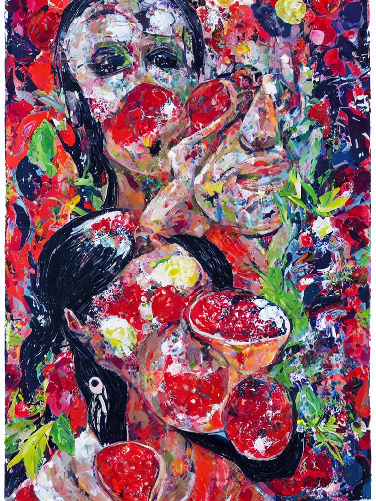 Image similar to “art in an Australian artist’s apartment, organic, portrait of a woman wearing white cotton cloth, neoexpressionist, eating luscious fresh raspberries and strawberries and blueberries, edible flowers, black background, aboriginal Dreamtime, Eora, Gadigal, intricate, bold colour, acrylic and spray paint and wax and oilstick on canvas”