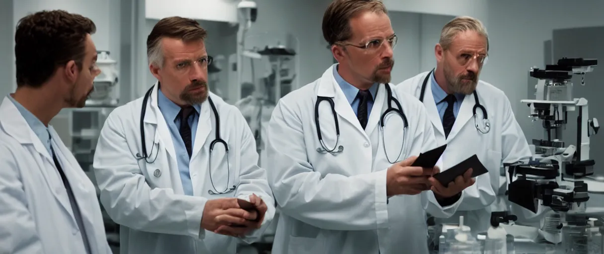 Image similar to filmic dutch angle movie still 4 k uhd 3 5 mm film color photograph of a shocked but intrigued doctor looking down at a dangerous re - animated specimen in a lab