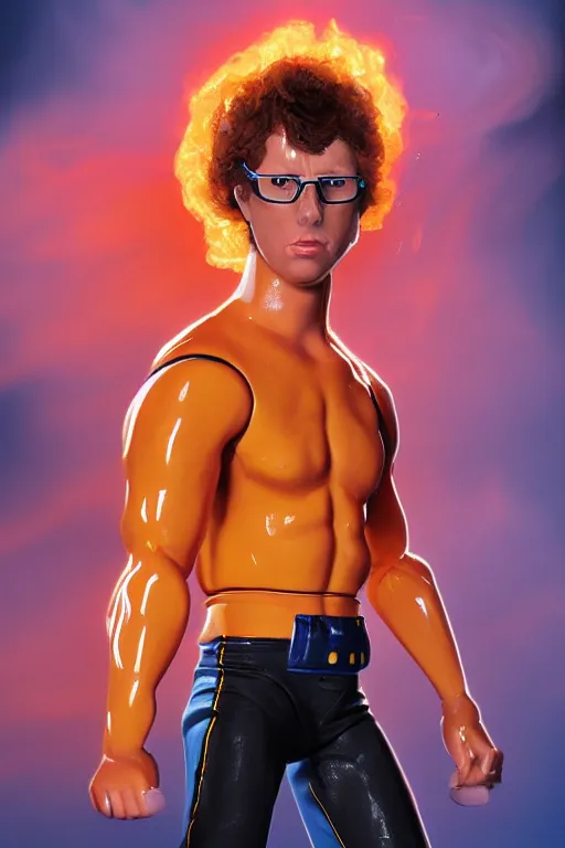 Image similar to detailed illustration, napolean dynamite as a 1 9 8 0 s wrestling action figure, ultra realistic, dramatic lighting, thick black swirling smoke tornado, artstation