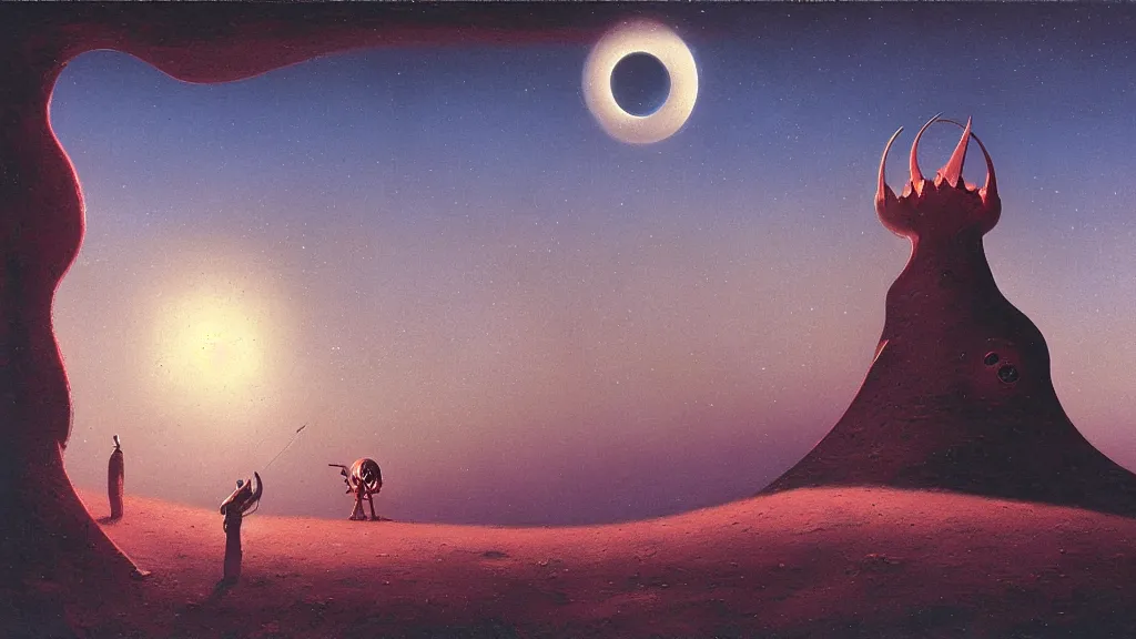 Image similar to mysterious whimsical sculpture of an alien crescent moon by paul lehr and john schoenherr, cinematic matte painting