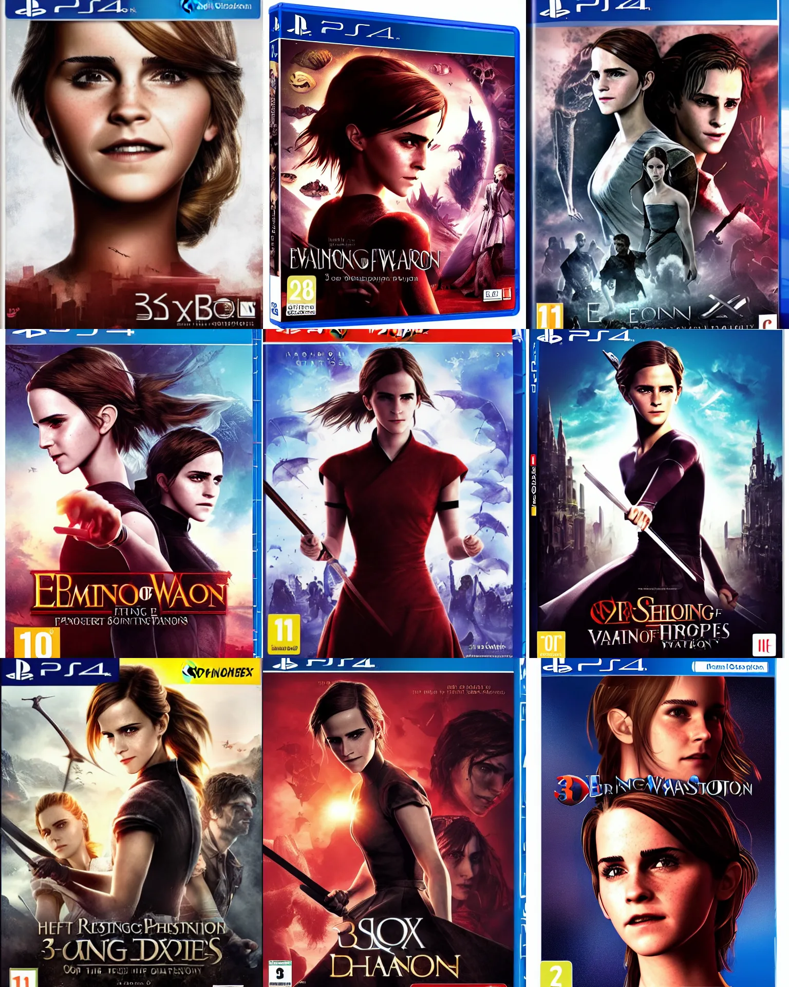 Prompt: 3 d design box art for a playstation 4 game about emma watson fighting vampires, detailed, perfect design, high quality, game of the year, readable font