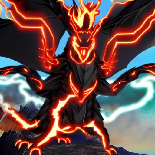 Image similar to a 3 headed black dragon pokemon shooting electricity out of its mouth