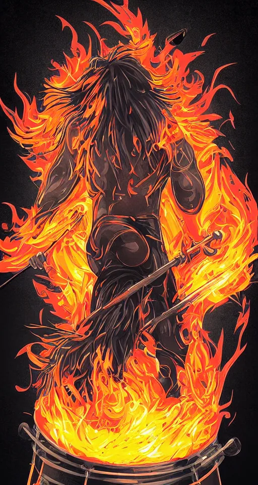 Prompt: Beautiful illustration for a print depicted a back view of a heavy metal drummer playing on drums::lava and fire around::behance and deviant art illustrations