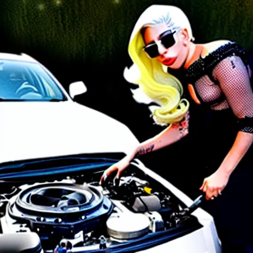 Image similar to lady gaga fixing a car engine