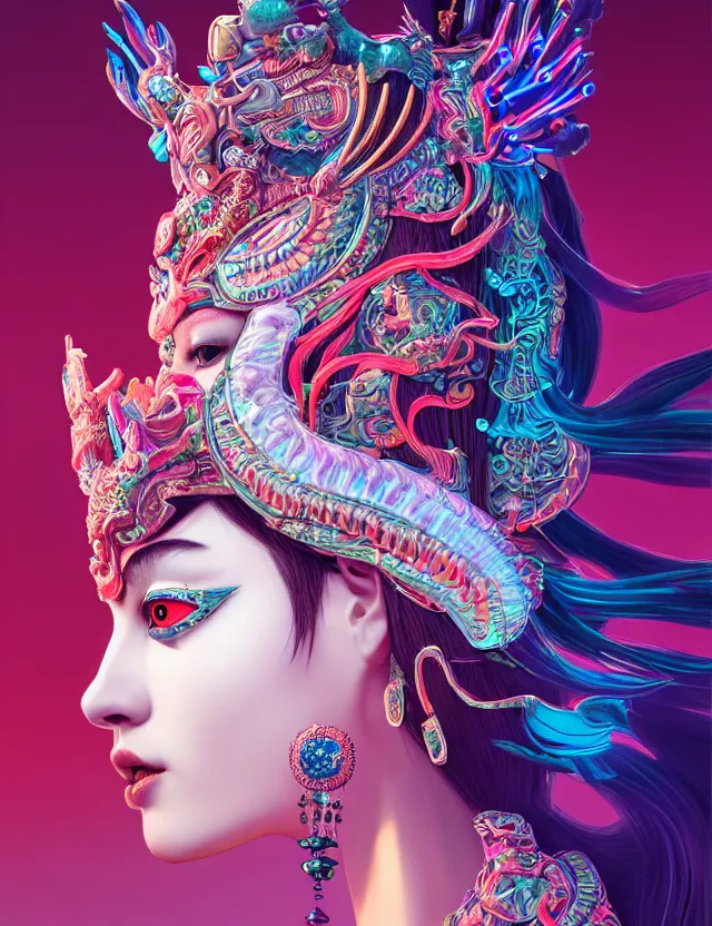 Image similar to 3 d goddess close - up profile portrait with crown, ram skull. beautiful intricately detailed neon japanese crow kitsune mask and clasical japanese kimono. betta fish, jellyfish phoenix, bio luminescent, plasma, ice, water, wind, creature, artwork by tooth wu and wlop and beeple and greg rutkowski