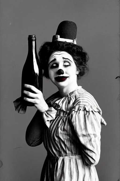 Image similar to old realistic photo of face of a female sad and tired clown, clown is holdind wine bottle, photograph, early 1 9 0 0's, black and whitehighly detailed, matte, sharp focus, smooth, sharp focus, illustration