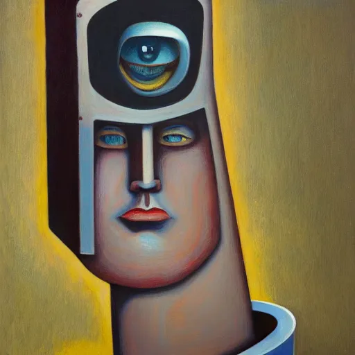 Image similar to tall, gaunt, imposing robot with intense eyes portrait, grant wood, pj crook, edward hopper, oil on canvas