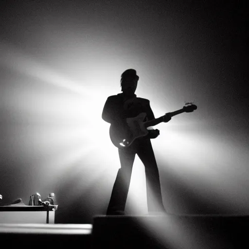 Prompt: a still of Elvis silhouette backstage waiting to play. God rays through, fog.