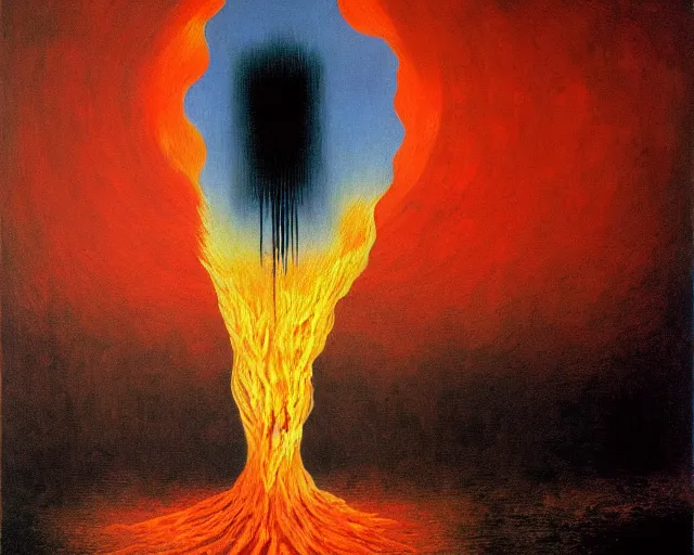 Image similar to fire painting by magritte and beksinski.