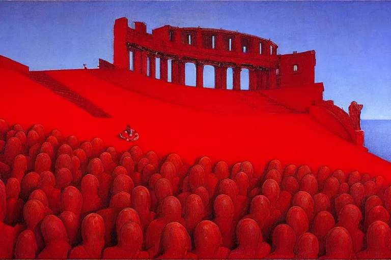 Image similar to only with red, a red great emperor, taormina amphitheatre, crowd with big smile, in the style of beksinski, parts by edward hopper, parts by rodcenko, parts by yue minjun, intricate and epic composition, red by caravaggio, insanely quality, highly detailed, masterpiece, red light, artstation, 4 k