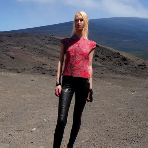 Prompt: fashion model standing at the edge of etna vulcan