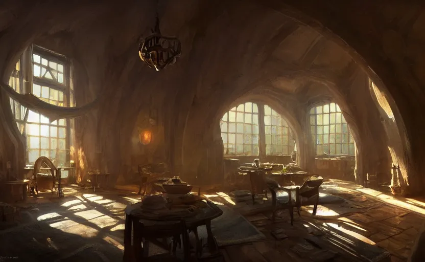 Prompt: painting of an interior of a hidden, cozy ring - shaped living quarters overlooking the great room, well maintained, clean, medieval, fantasy genre, natural light, fantasy, natural light, concept art, by greg rutkowski and craig mullins, cozy atmospheric and cinematic lighting, trending on artstation