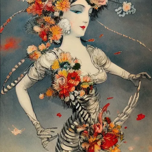 Image similar to Louis Icart, an old elaborate painting of an abstract robot tornado made entirely out of flowers coming out of her head, highly detailed, masterpiece - H 704