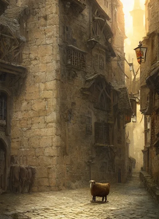 Image similar to portrait of a sheep standing in a medieval street, highly detailed, fantasy, godrays, cinematic lighting, close up, volumetric, realistic, digital art by greg rutkowski