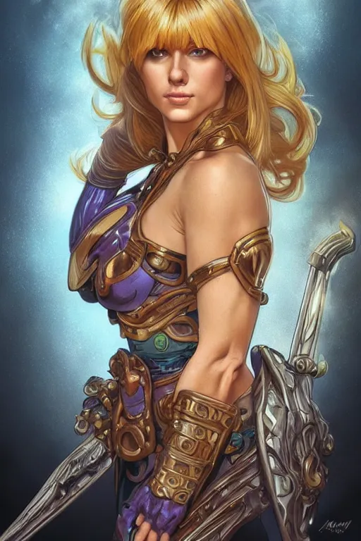 Image similar to ultra realistic illustration, female he - man, sci - fi, fantasy, intricate, elegant, highly detailed, digital painting, artstation, concept art, smooth, sharp focus, illustration, art by artgerm and alphonse mucha