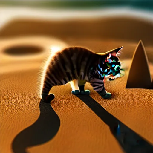 Prompt: photo of a cat building a sandcastle on a beach, photorealistic, 8 k photo, golden hour, award winning