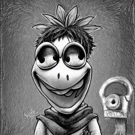 Prompt: michael karcz punk grunge cartoon drawing of kermit the frog. , in the style of corpse bride, loony toons style, horror themed, detailed, elegant, intricate