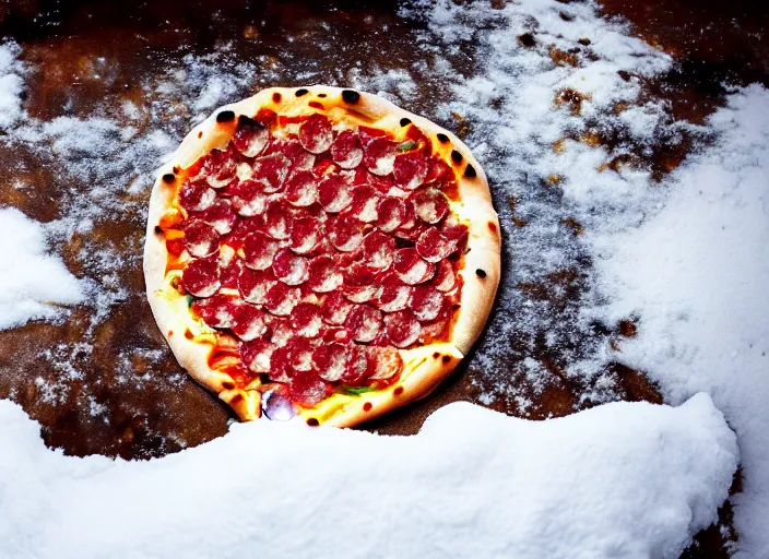 Image similar to clear highly detailed photorealistic food photograph of a wood oven cooked pizza half frozen in ice with salami pepperoni lying in the snow