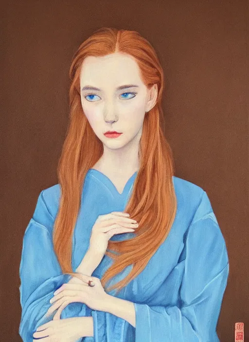 Prompt: a portrait of a young woman with ginger hair and light blue eyes wearing a traditional silk dress with very long sleeves. she looks at the viewer with a curious, witty expression. beautiful painting by jia ruan.