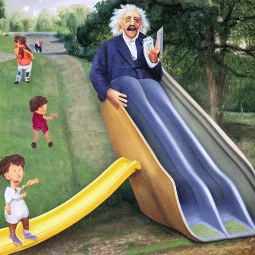 Prompt: painting of albert einstein going down a large slide in a public park with many children, by caspar david