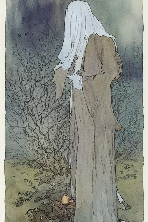 Image similar to a simple and atmospheric watercolour portrait of a ghost in a graveyard on halloween night, very muted colors, by rebecca guay, michael kaluta, charles vess and jean moebius giraud