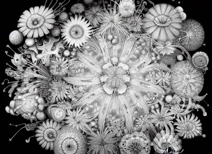 Prompt: surreal line art by finnian macmanus, a drawing of a bunch of flowers on a white background, a digital rendering by earnst haeckel, behance contest winner, generative art, digital illustration, made of flowers, behance hd, top view