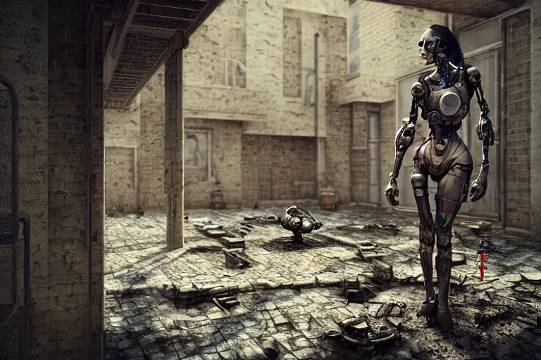 Image similar to Broken cyborg girl on old courtyard with mud and an old playground between two soviet five-storey panel houses, high details, cinematic, 8k resolution, beautiful detailed, insanely intricate details, artstation trending, octane render, unreal engine