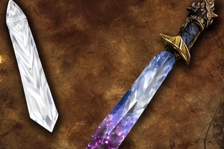 Prompt: A dagger made of crystal shimmers with an unnatural light, it had been enchanted by a skilled sorcerer, D&D fantasy setting, 4k