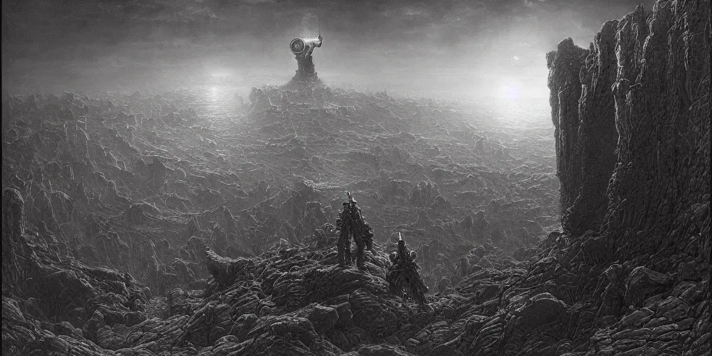 Image similar to robot ai apocalyptic future, futuristic, art by gustave dore, charles mottram, zdizslaw beksinski, victor mikhailovich vasnetsov, 8 k hd, highly detailed, death