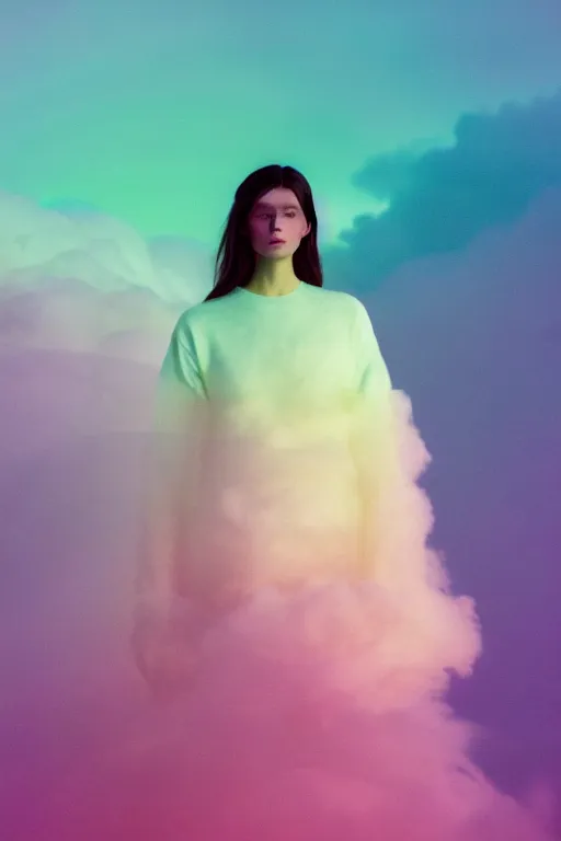 Prompt: high quality pastel coloured film photograph of a model wearing clothing resting on cloud furniture in a nordic black rock environment in a partially haze filled dreamstate world. three point light, rainbow. photographic production. art directed. pastel colours. volumetric clouds. pastel gradient overlay. waves glitch artefacts. 8 k. filmic.