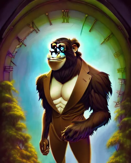 Image similar to don bluth, loish, artgerm, joshua middleton, steampunk, clockpunk anthropomorphic gorilla, brown suit, smiling, symmetrical eyes symmetrical face, colorful animation forest background