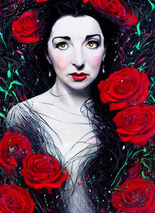 Prompt: portrait of kate bush against a neon multicolored background, lush black hair, pale skin, small white and red roses, flowing material, intricate, beautiful cinematic lighting, stunning painting by android jones, wadim kashin, annie leibovitz